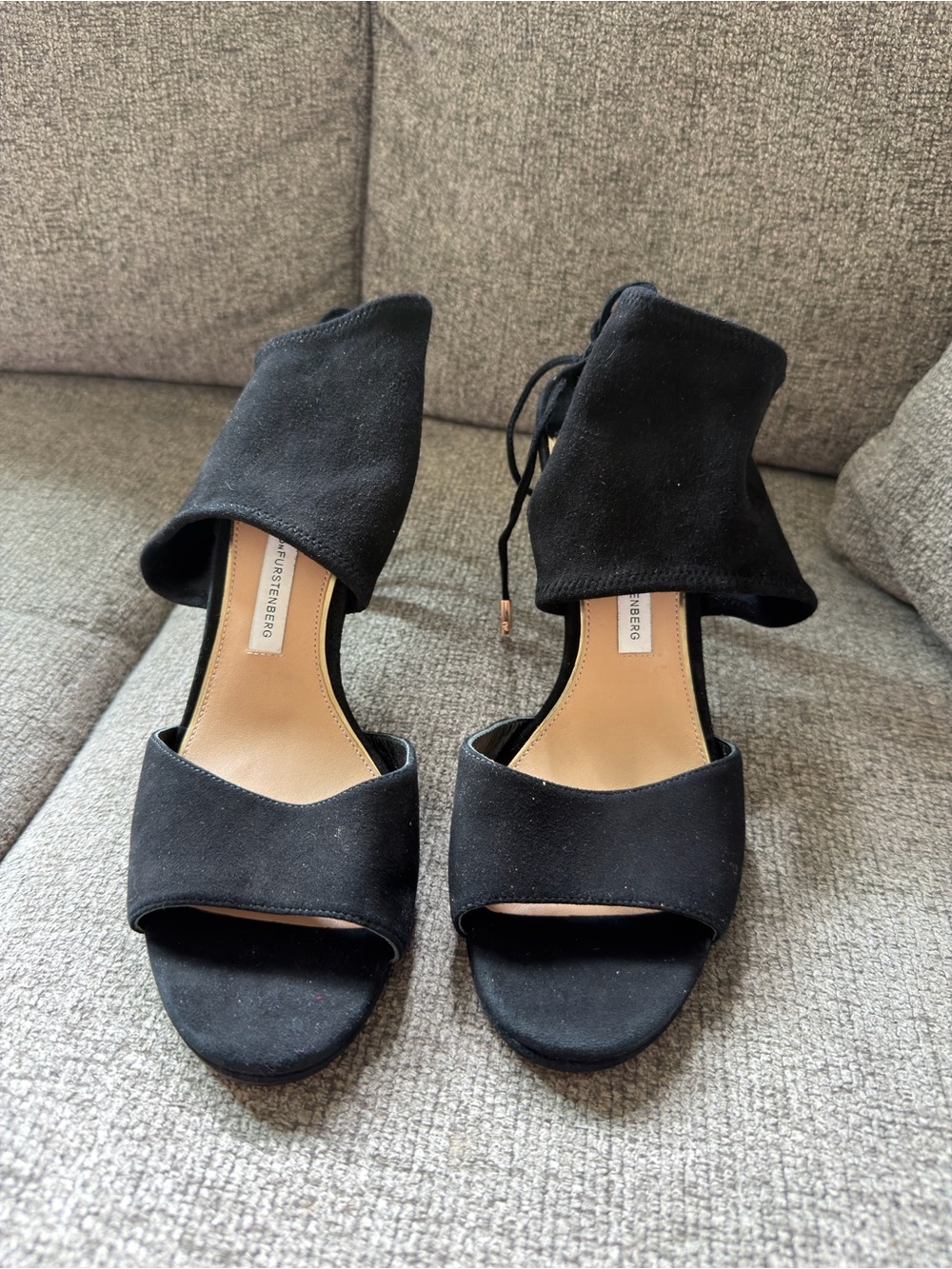 Diane Von Furstenberg Black Suede Open-Toe Ankle Tie Heels